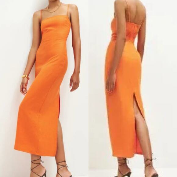 Reformation Frankie Linen Dress Long With Back Slit Size 2 Orange - Picture 1 of 11